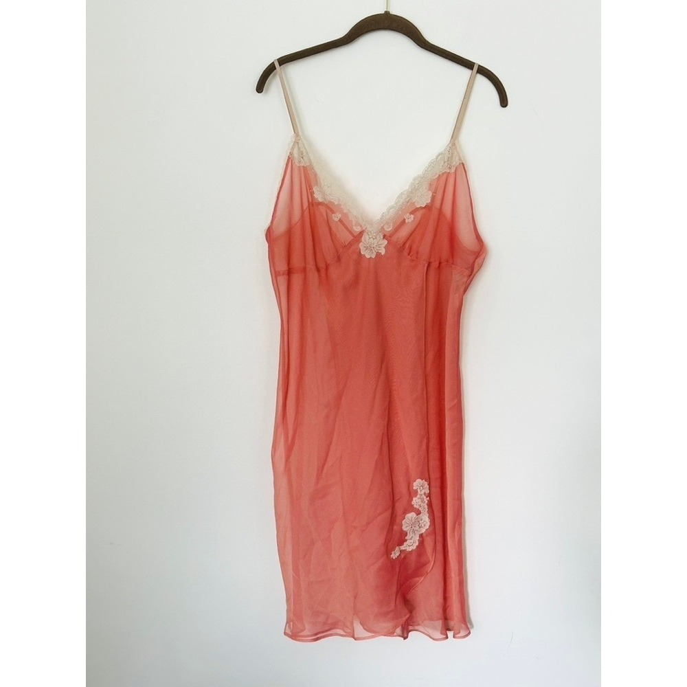 Valerie Stevens Coral Sheer Lace Trim Slip Dress Chemise XL Floral Applique